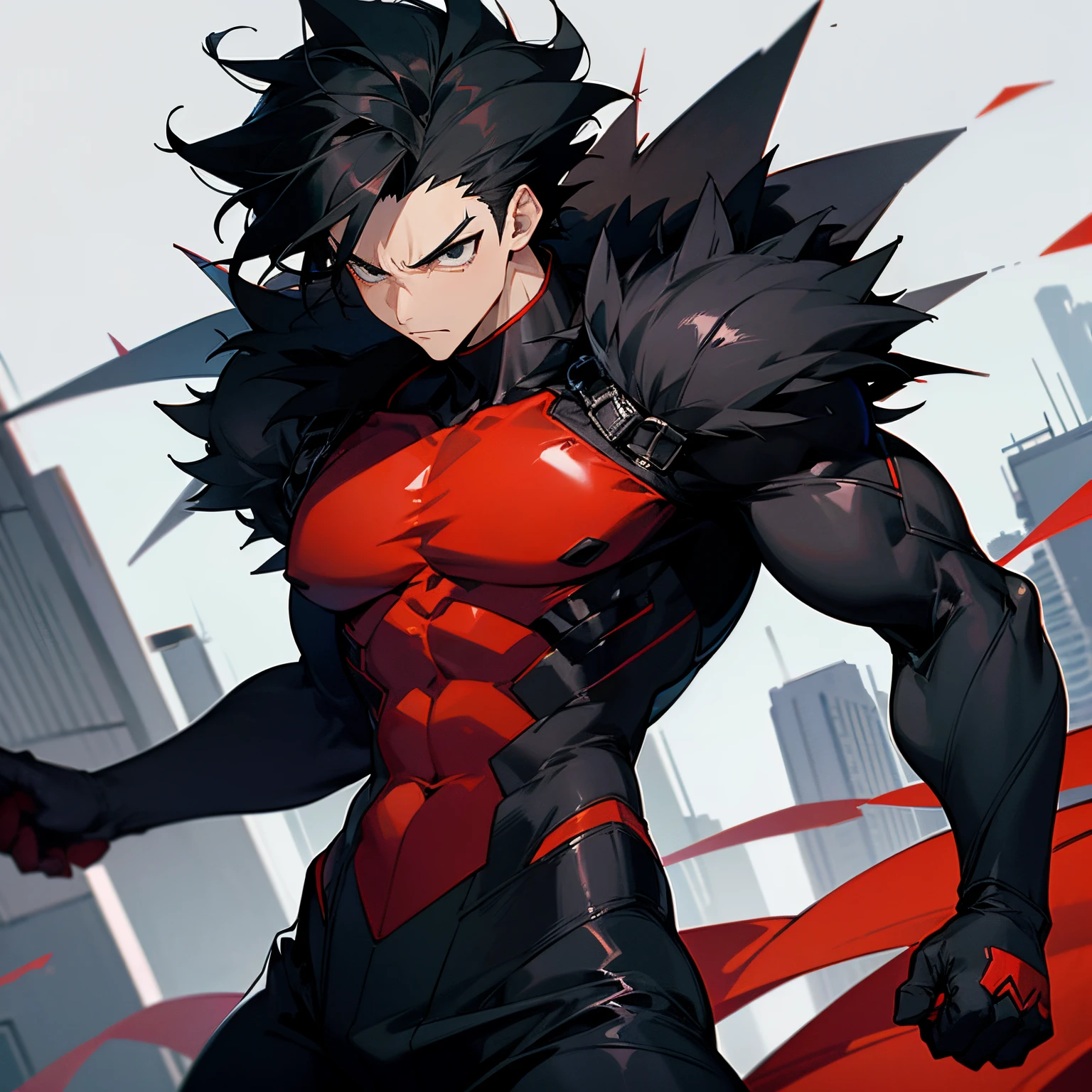 1male,Long Spiky Black hair , black eyes, Black Body Suit , Modern City Background , Black Body Suit Underneath, spiky hair , Red baggy pants , Serious Expression , Red Pants, Muscular Build