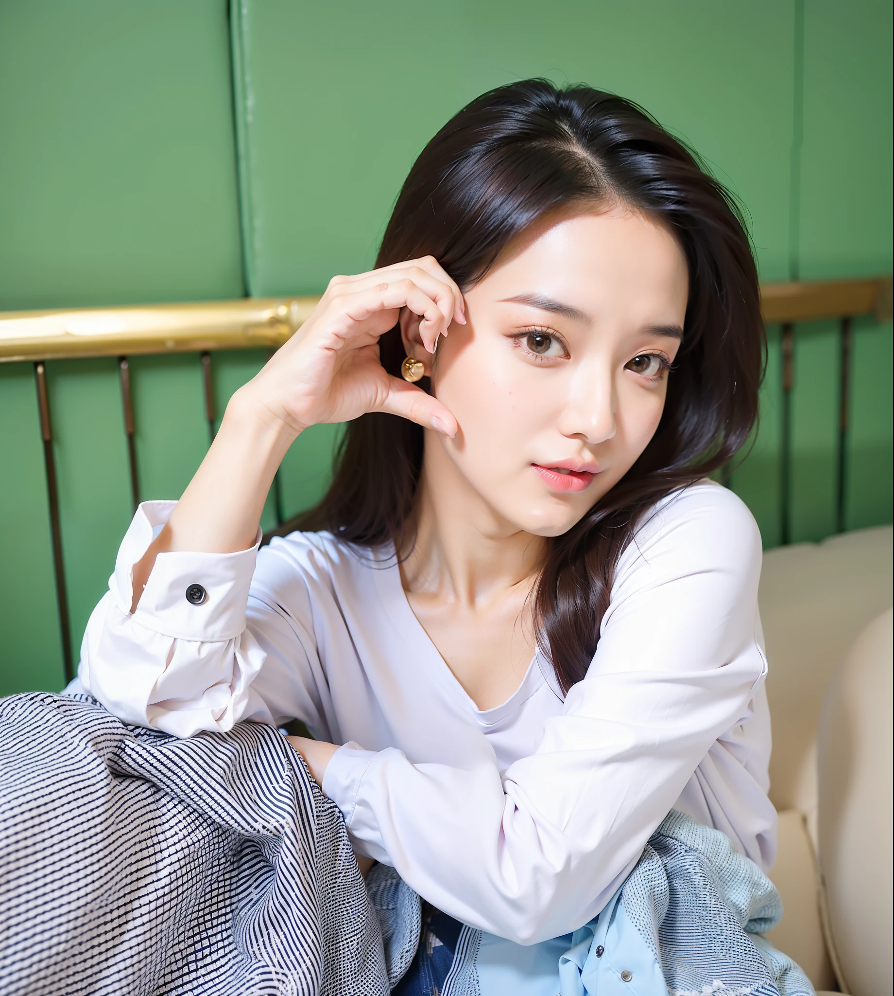 On the couch sat a woman，put it in your ear, Di Li Gerba, gorgeous chinese models, inspired by Cheng Jiasui, ruan jia beautiful!, xintong chen, fan bingbing, 8k photograph, cute women, Chinese woman, a cute young woman, Attractive posing, ChineseGirl, beautiful Korean women