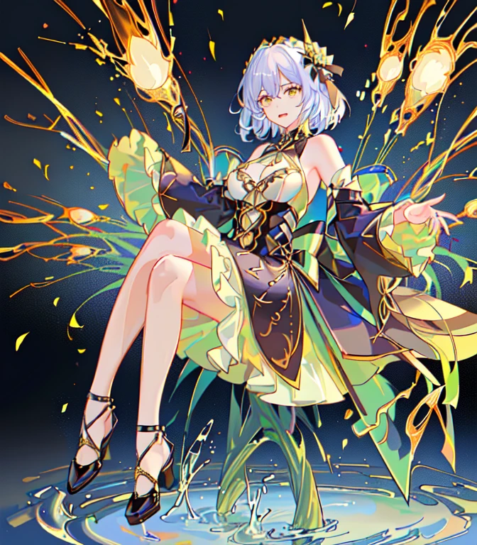 1个Giant Breast Girl,Beautiful Girl,fang,angry,Short, detailed hair,Whaite Hair,hair pin,summer dress,stocklings,shoe,looking downward,curtain,Colored crushed splashes ,Upper torso,official art style,Image Quality Enhancement,Color difference、Color out of focus,contour deepening,pastel colours