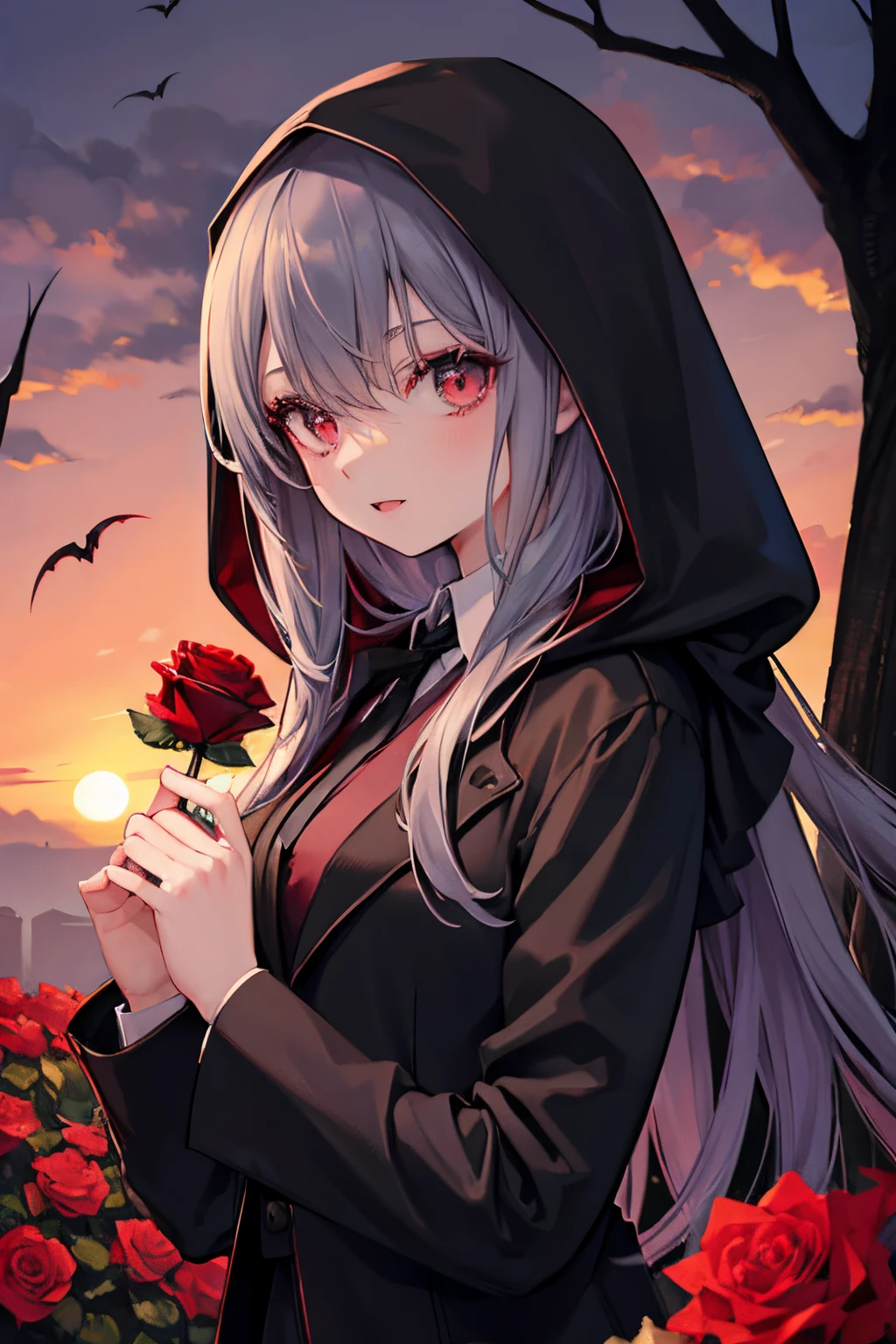 2 characters, vampire man in love with a hunter girl, the hunter girl have a black hood, the vampire offer a rose to the girl, they are in love, the vampire has a nice black suit