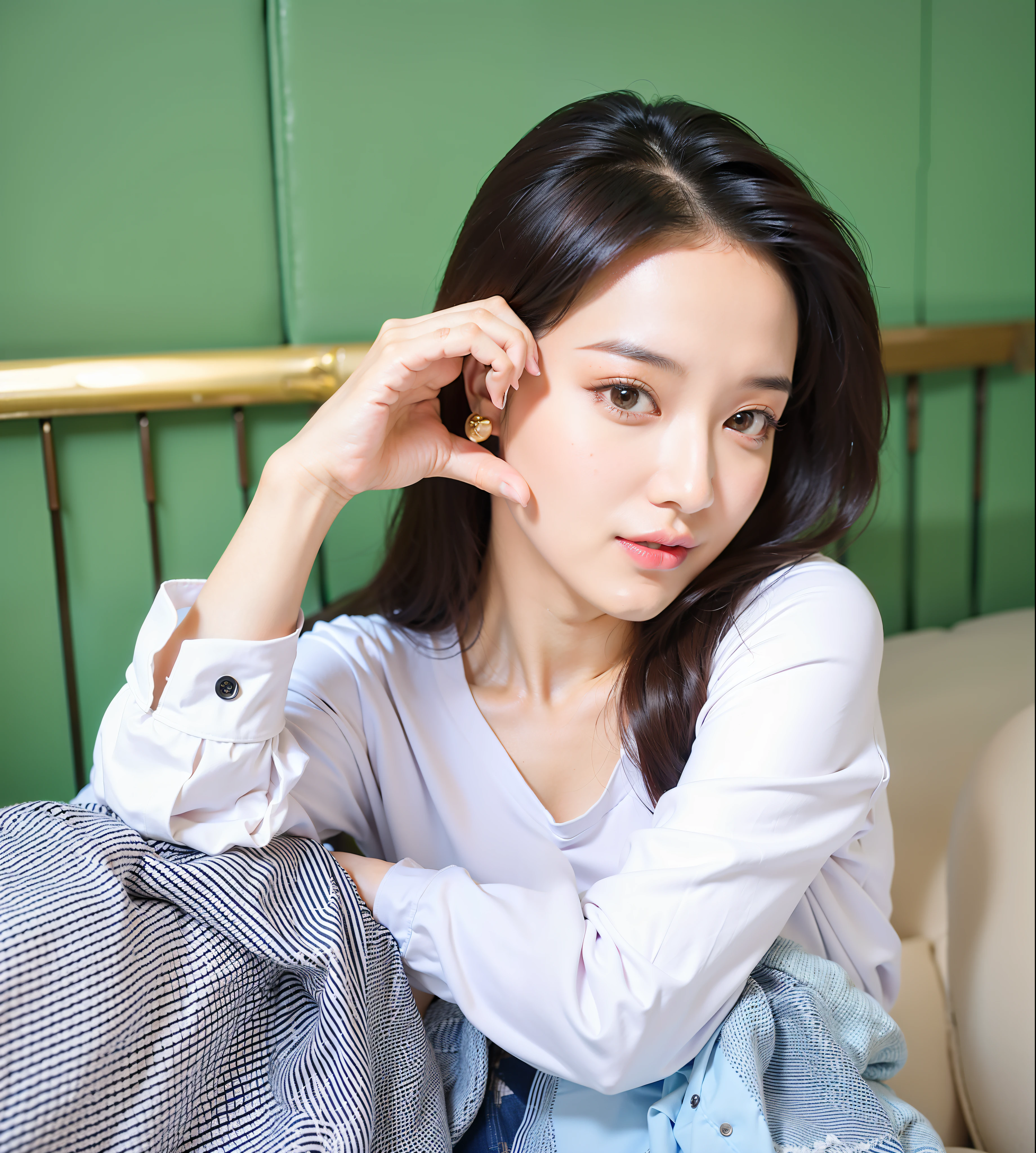 On the couch sat a woman，put it in your ear, Di Li Gerba, gorgeous chinese models, inspired by Cheng Jiasui, ruan jia beautiful!, xintong chen, fan bingbing, 8k photograph, cute women, Chinese woman, a cute young woman, Attractive posing, ChineseGirl, beautiful Korean women