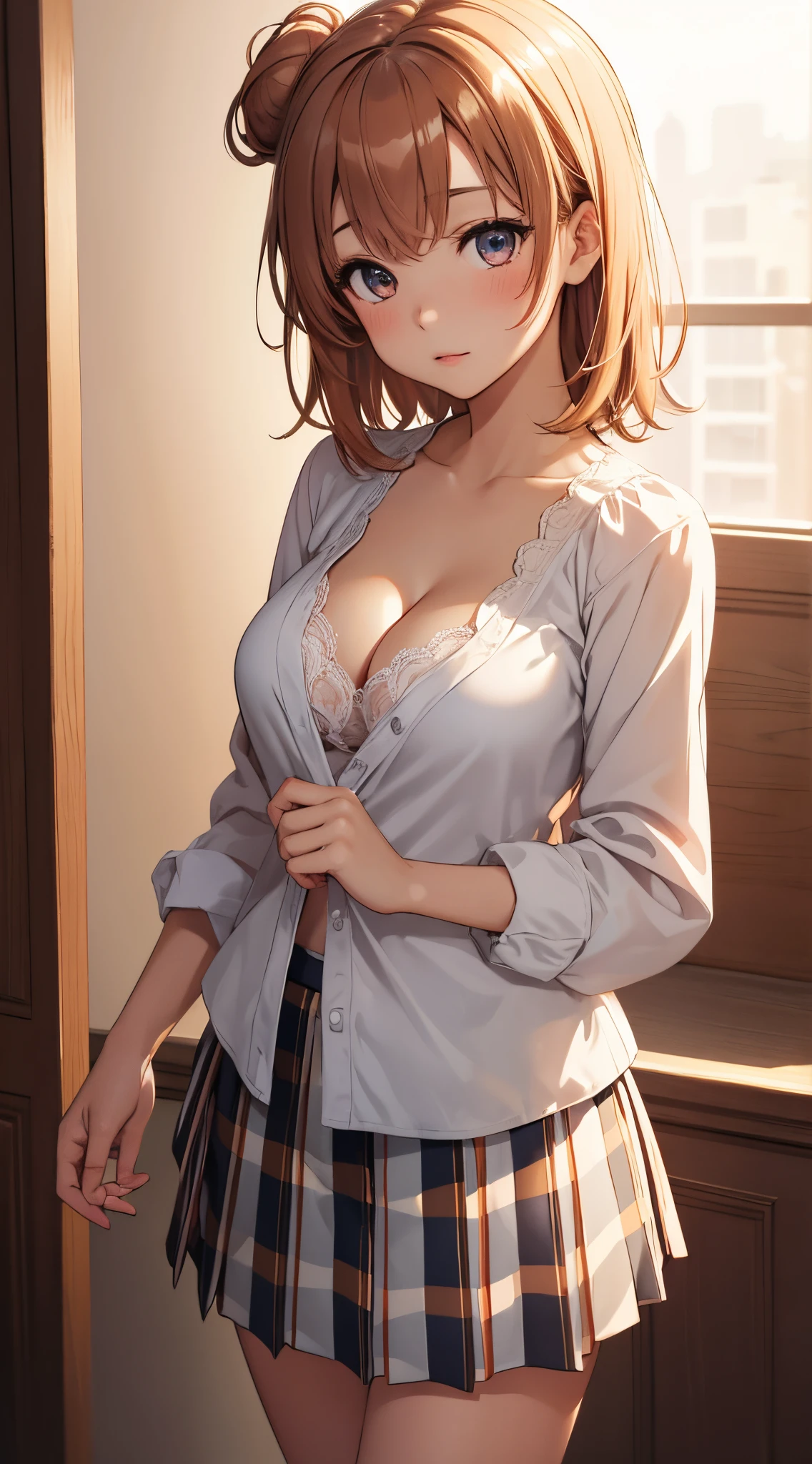 1girl, solo, masterpiece, best quality, high res, highly detailed, (illustration), beatiful detailed eyes, yuigahama yui, single hair bun, glossy lips, light makeup, standing, whit blouse, cleavage, short pleated skirt