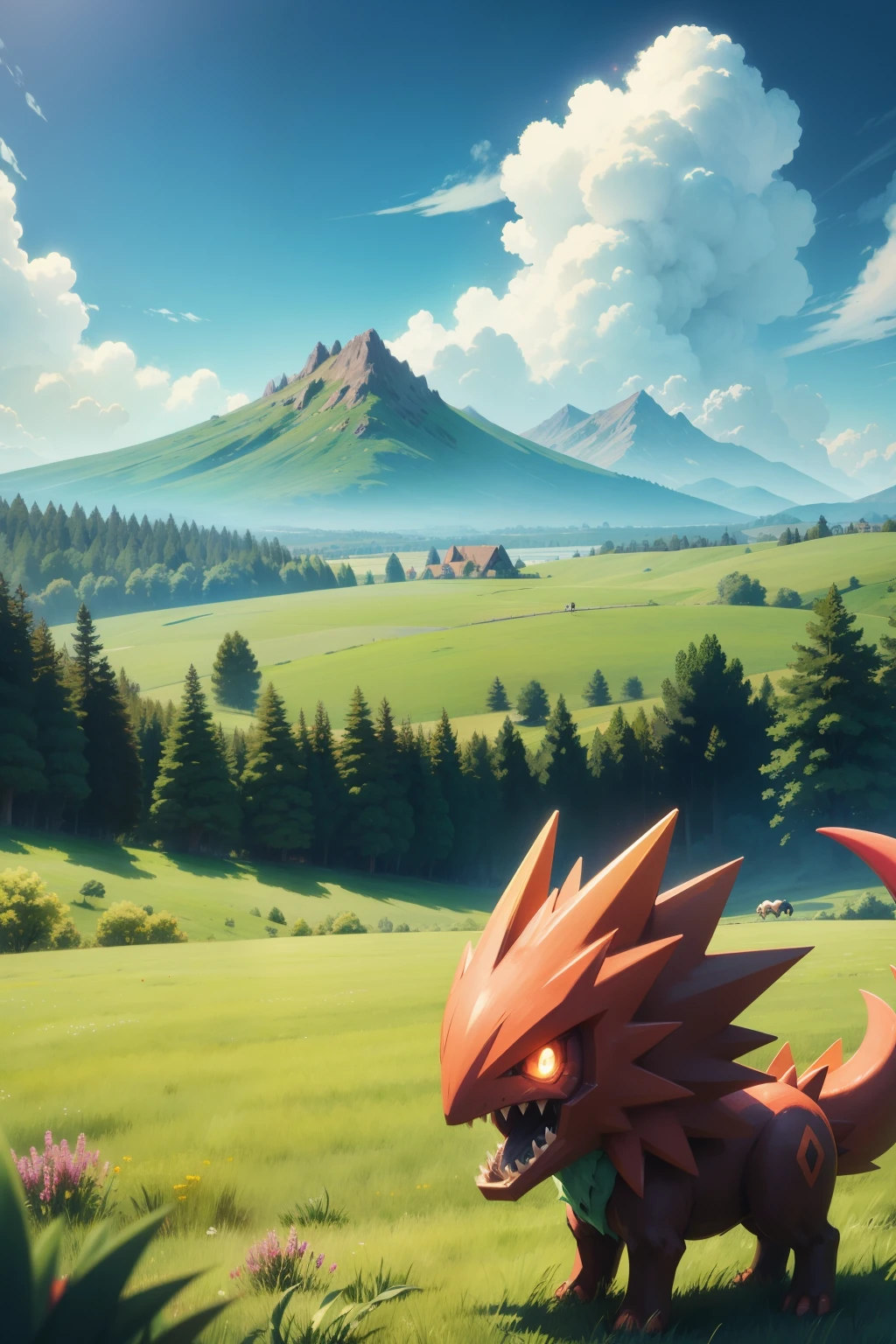 pokemon type monster for game. meadow in background. grass type monster.