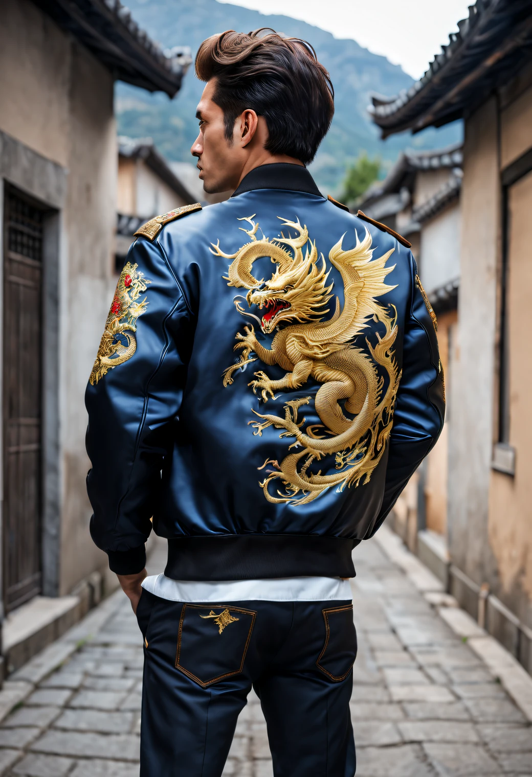 Dragon embroidery with gold thread on the back of the flight jacket, (masutepiece), (Best Quality), (ultra high detail)