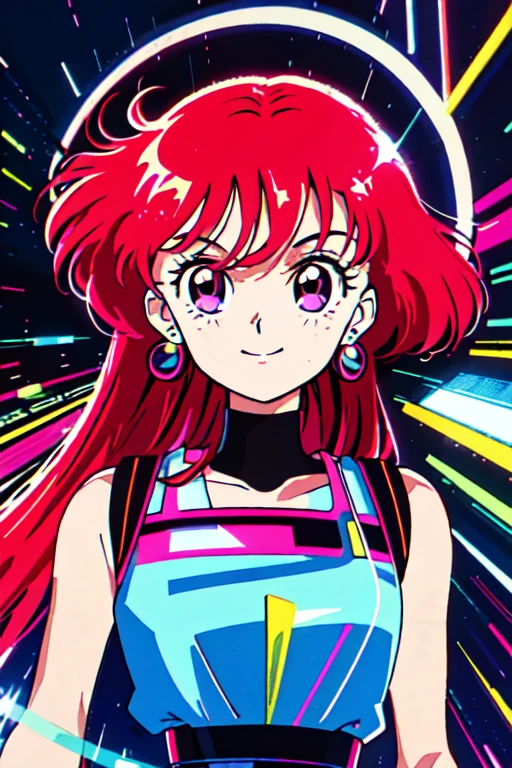 masterpiece, best quality, 1girl, city pop, night, neon lights, looking at viewer, body at an angle, upper body, slight smile, excited face, vector illustration, 80s clothing, long hair, 80s, old, art, neo tokyo, synthwave, abstract background, retro poster