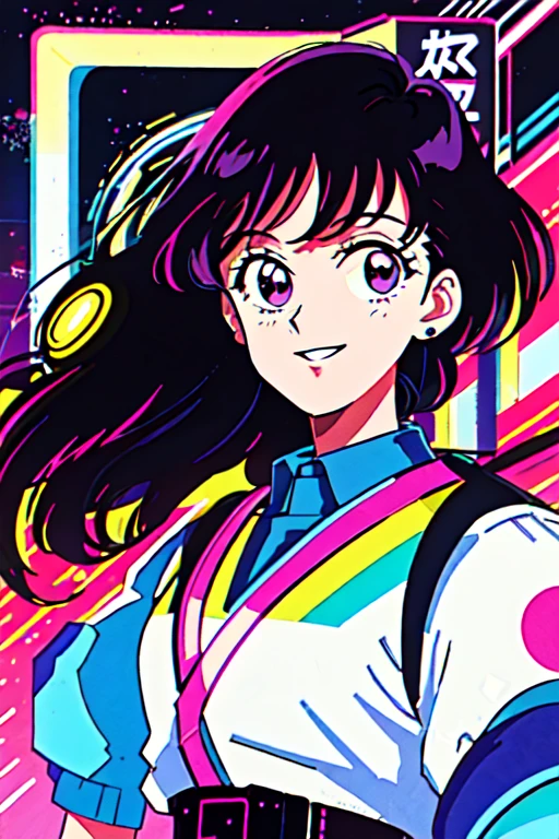 masterpiece, best quality, 1girl, city pop, night, neon lights, looking at viewer, body at an angle, upper body, slight smile, excited face, vector illustration, 80s clothing, long hair, 80s, old, art, neo tokyo, synthwave, abstract background, retro poster