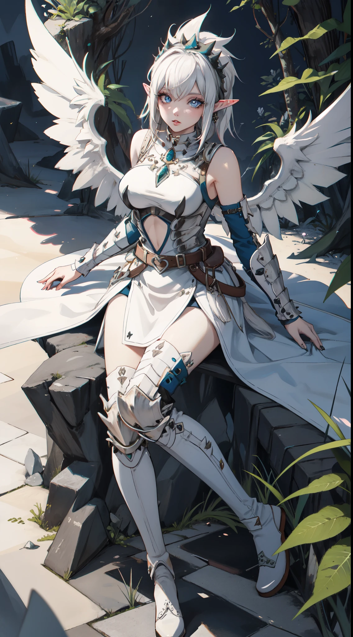 Rusticcore, contest winner, pixiv, Disgusting a white haired elf woman with wings and jewels on her head and chest, wearing a white dress with silver wings and a silver collar, (Charlie Bowater:0.158) , (Artgerm:0.073) , (a character portrait:0.265) , (whitegloveantasy art:0.457) and Seaweed, extremely beautiful, Analytical Art, 8K, best quality, DayGlo orange dust particles, dslr, anaglyph effect, BREAK,  (masterpiece, top quality, best quality, official art, beautiful and aesthetic:1.2),  eyelashes, makeup, blue eyes, eyeshadow, pink eyeshadow, extreme detailed, highest detailed, BREAK, ((White barioth armor))，big breast, long black glovelack pantyhoses with white boots，