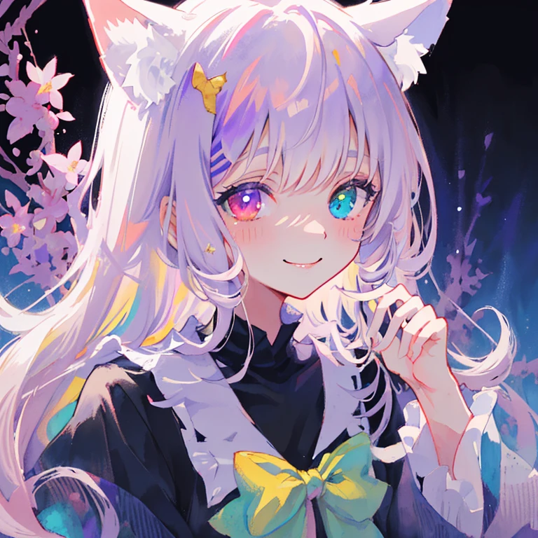 extreme close up portrait ((solo young cat girl)), light purple hair, Nekomimi, Plain background, Smile, Flowers, Masterpiece, Heterochromia, polychromy, (pastel colours), soft, In Watercolor painting style