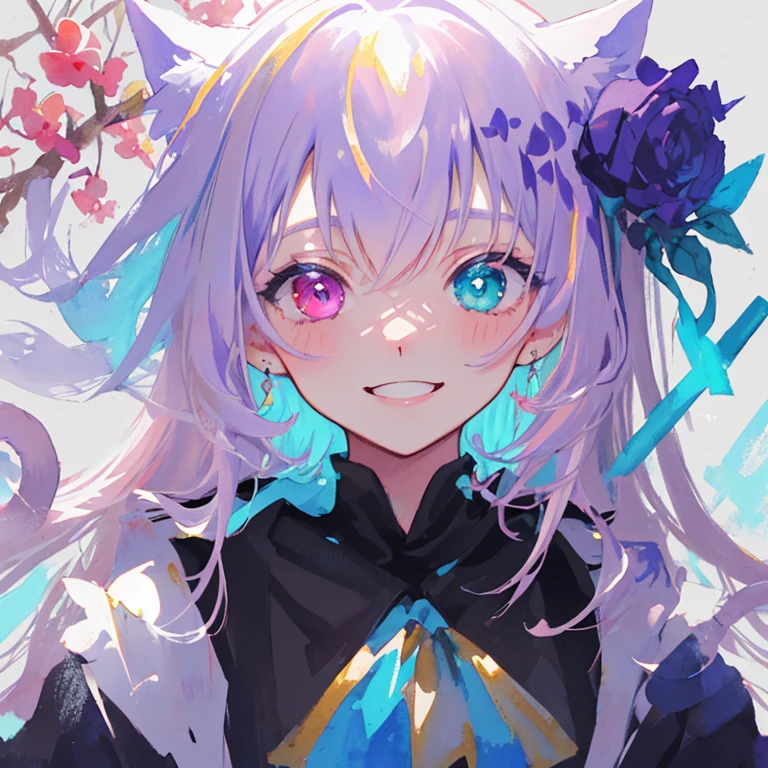 extreme close up portrait ((solo young cat girl)), light purple hair, Nekomimi, Plain background, Smile, Flowers, Masterpiece, Heterochromia, polychromy, (pastel colours), soft, In Watercolor painting style