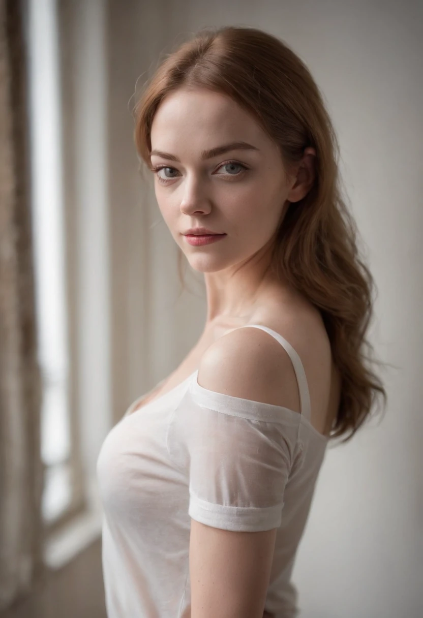 1Fille 24 ans, Cheveux mi-longs, very skinny young Emma Stone lookalike, seins de taille tres grandes, Regarder camera, cheveux blondes brûlées, yeux hazel, Joaillerie, corps entier entier, Collier, Schulterfrei, chandail, minora, Realstic, nez, Rue de nuit, sexy, 1/2 length photo from the waist up, sexy skin-tight white baby-tee, clearly visible nipples visible through the wet t-shirt, f/5.6, industrial conversion photo studio out of focus in the background with dramatic light and shadow effects on the walls and floor, old factory windows visible and out of focus in the background,