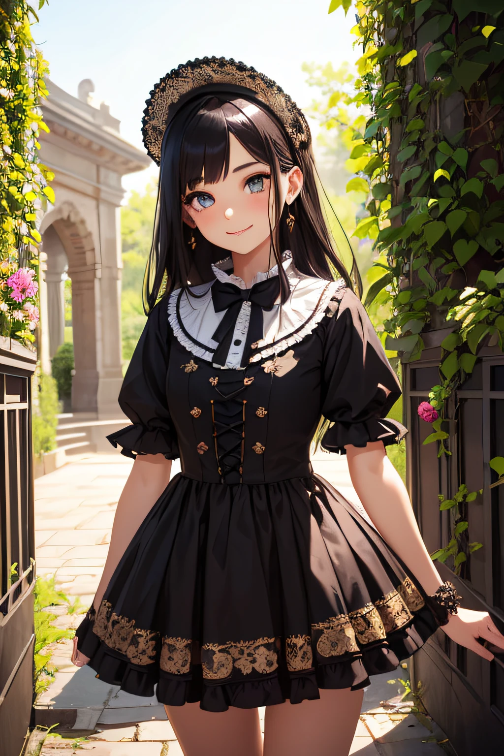 Very cute and beautiful girl,(very detailed beautiful face and eyes:1.2),
Smile,Black hair,stylish pose,Beautiful legs,Cowboy Shot,
Brown floral Lolita dress with detailed ruffles,
Palace Gate,shrubbery,Small flowers,Distant trees々,
(Best Quality,masutepiece:1.2),Intricate details,Extremely detailed,hight resolution,1 girl,Solo,Cinematic lighting,(Realistic),