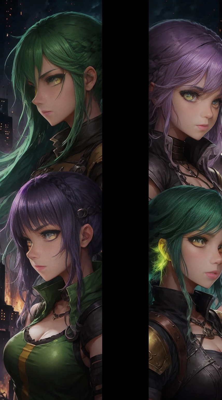 An RPG-style girl with green hair and yellow eyes, and another girl with purple hair in green eyes. They have their backs to each other, in the background there is a city on fire