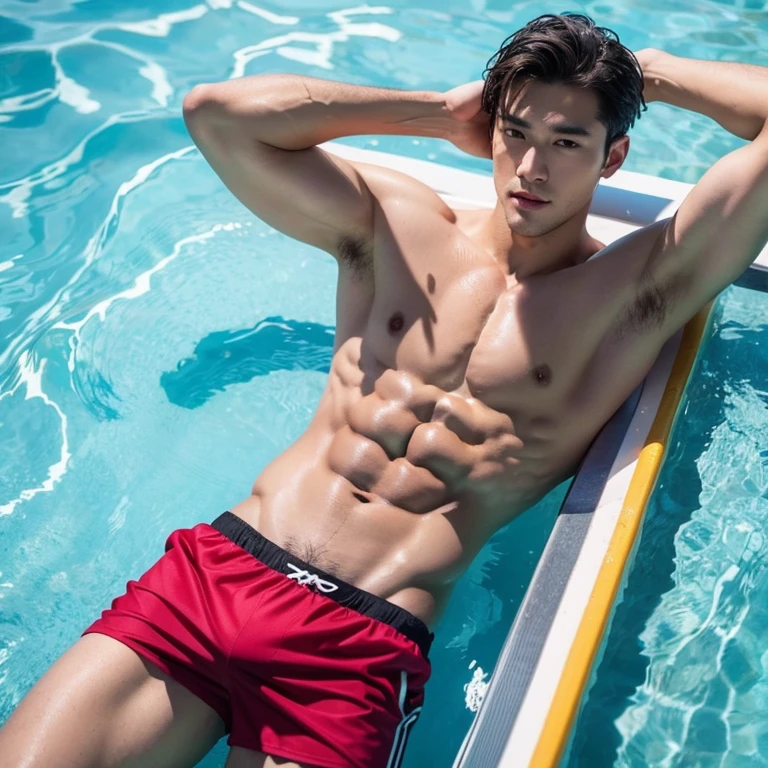Handsome guy with abs in swimming trunks
