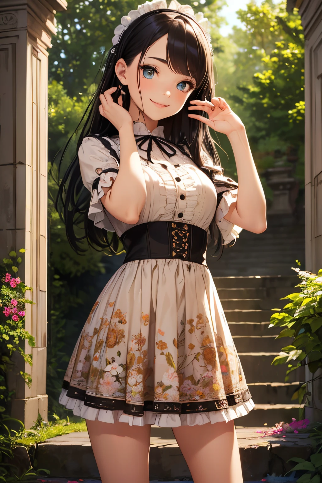 very cute and beautiful girl,(highly detailed beautiful face and eyes:1.2),
smile,black hair,stylish pose,beautiful legs,cowboy shot,
brown floral pattern lolita dress with detailed frills,
palace gate,shrubbery,tiny flowers,distant trees,
(best quality,masterpiece:1.2),intricate details,extremely detailed,highres,1 girl,solo,cinematic lighting,(realistic),