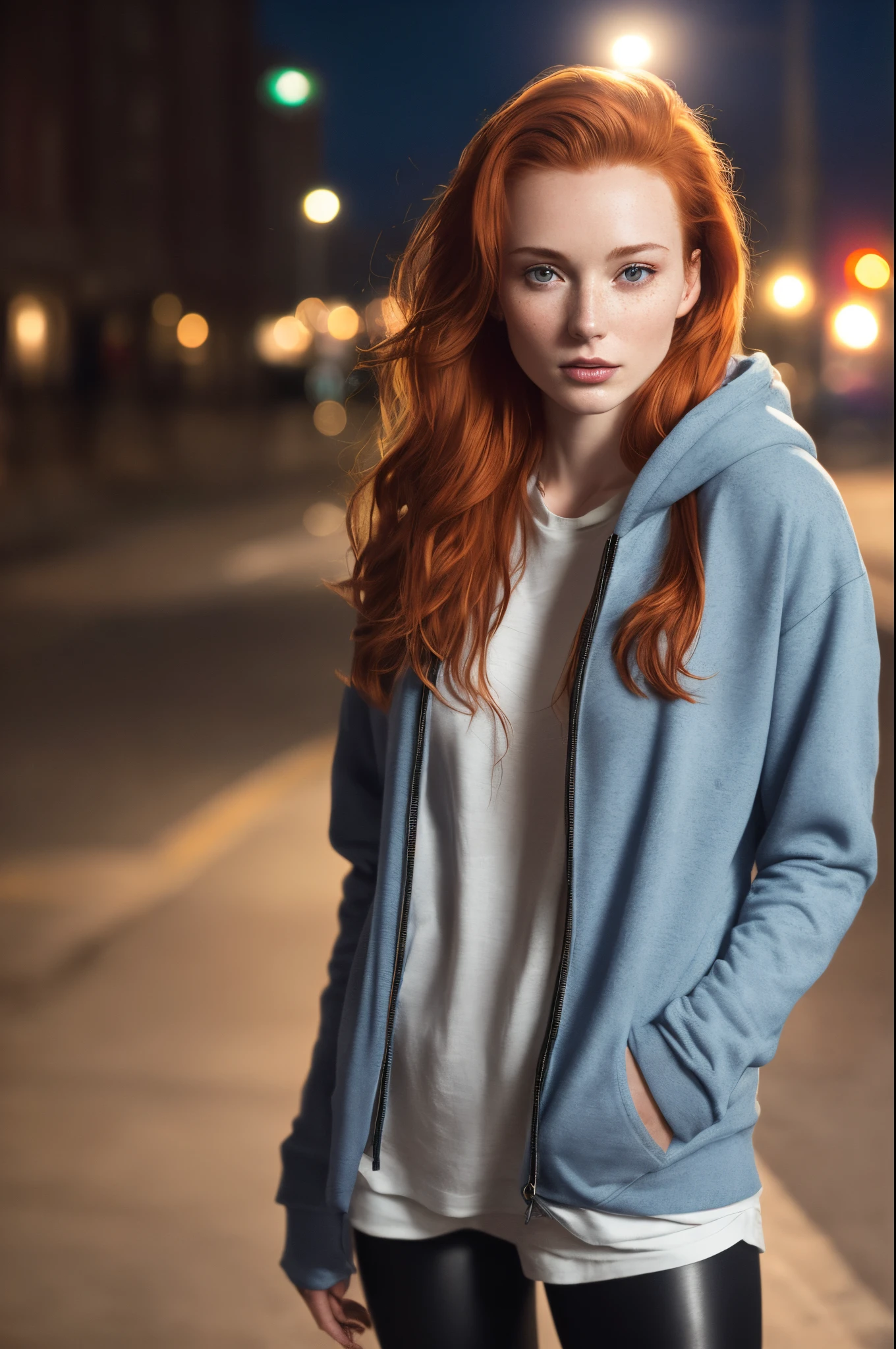 a photo of a seductive woman with loose styled (redhead hair:1.1), enjoyed, in street,night, she is wearing a blue hoodie an brown leather jacket and leggings, no makeup, natural face, (textured skin, skin pores:1.1), (moles:0.8), imperfect skin, goosebumps, flawless face, (light freckles:0.9), (sun-kissed:1.1), ((photorealistic):1.1), (raw, 8k:1.3),