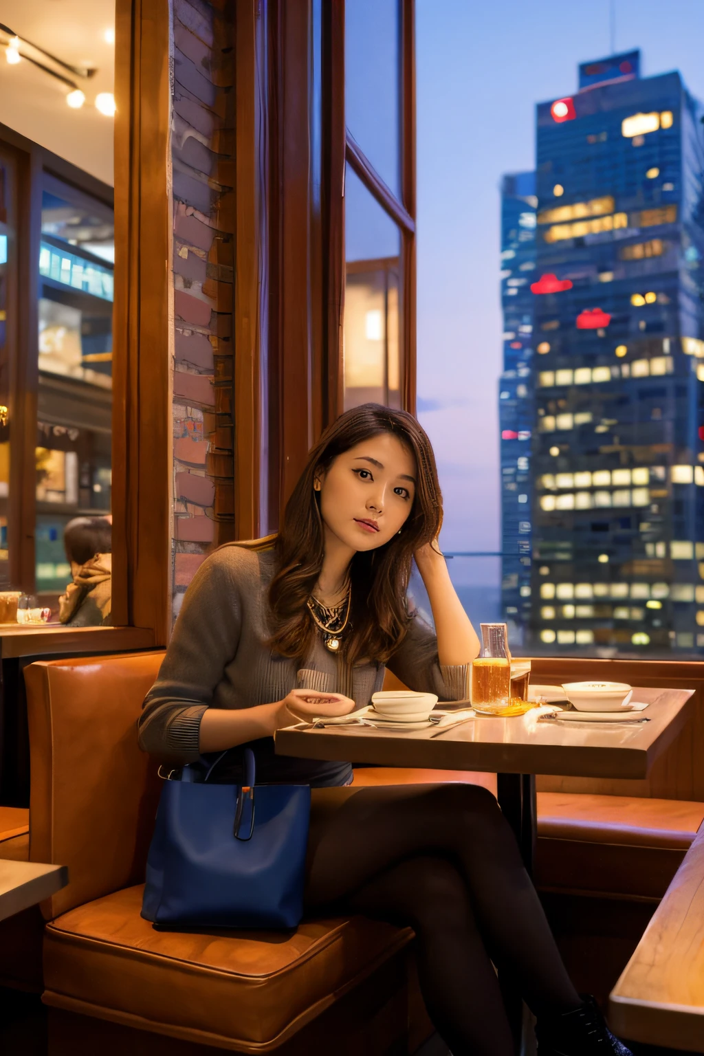 high-definition images, atmospheric perspective, 8k, super detail, accurate, best quality, angle from below, a woman, drooping eyes, sleepy face, blush, in the city, busy, skyscrapers, skirt, thick tights, high boots, shoulder bag, necklace, restaurant with large windows, takes a seat, (other customers), sunset, windows have harbor view, foods, hair up,