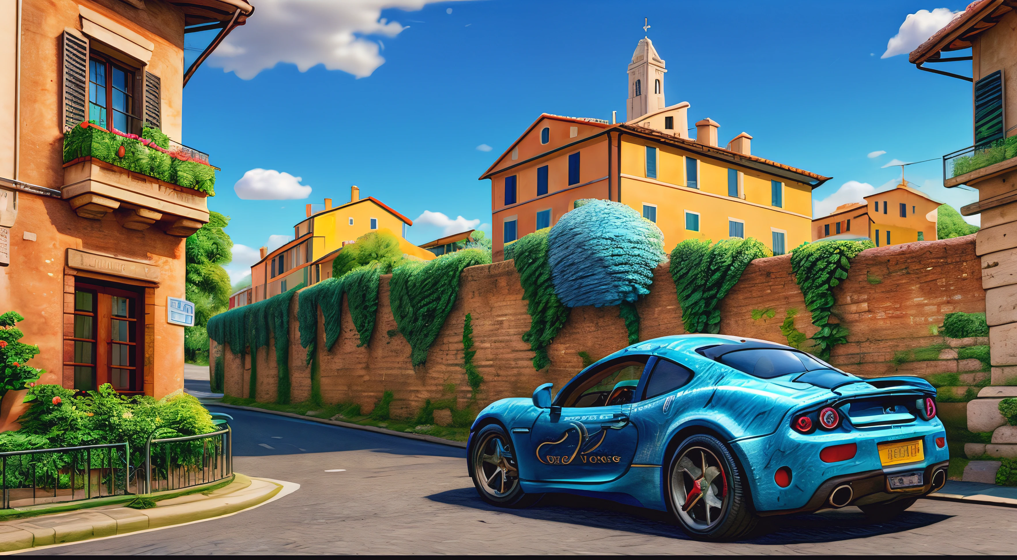 Rome, (realistic), watercolor, best quality, dynamic colors, swirls, architectural streets, a character portrait, blue eyes, vines, landscape, clear sky, black colors, chains connected to rings, digital painting, ultra high resolution,