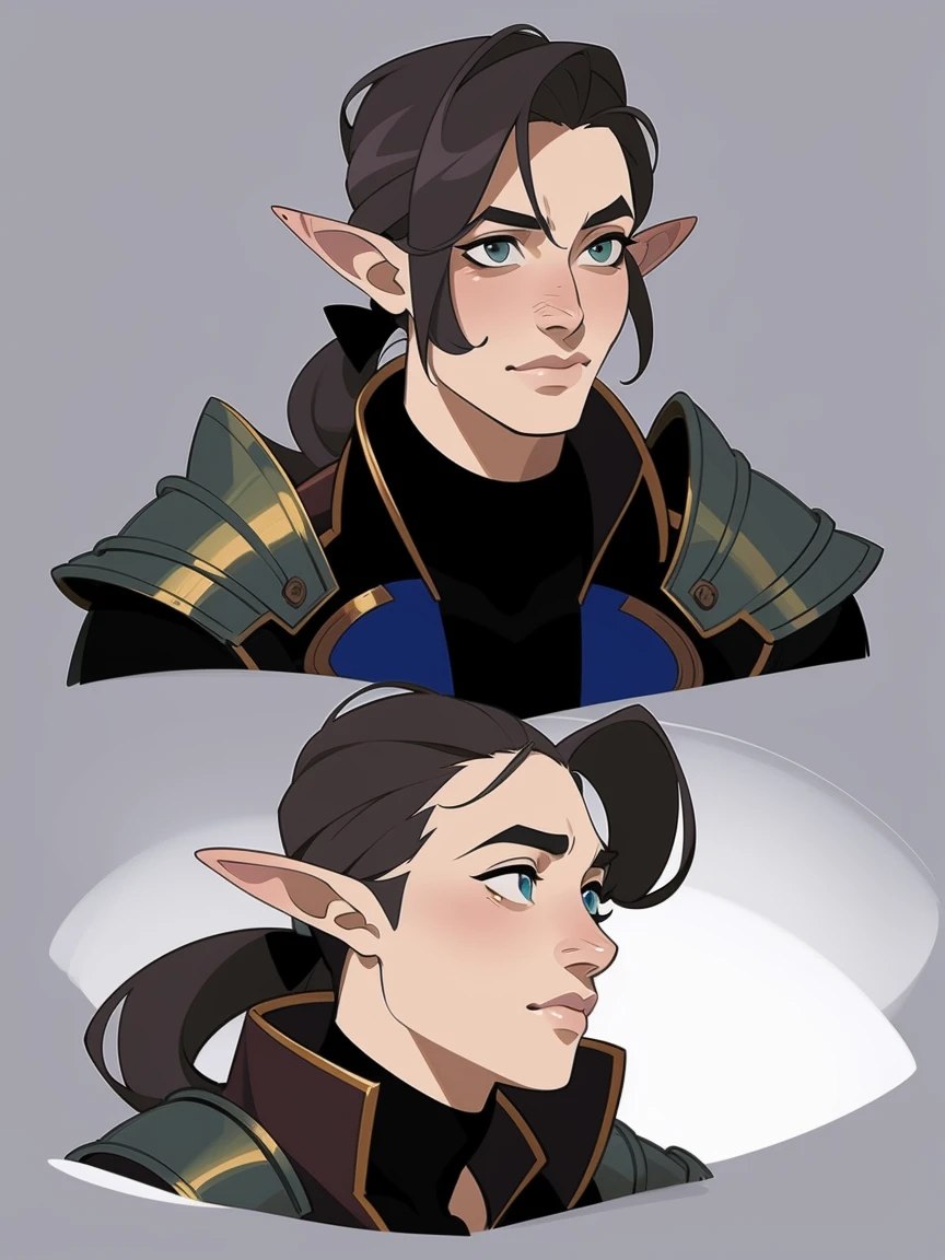 Adopt the concept of the character, Video game character design, Drawing with Line Drawing, Multiple points of view, Best Quality,Masterpiece,hight resolution, elf, ((character concept art)), Video game character design,,illustartion,Realistic,Harmonious colours,natural lighting, grey skin, knight, dark armor hair1.3.A detailed eye, Transparent,fantasy style,extremely beautiful,High balance, natural light, leather armor, pony tail