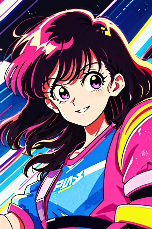 masterpiece, best quality, 1girl, city pop, night, neon lights, looking at viewer, body at an angle, upper body, slight smile, excited face, vector illustration, 80s clothing, long hair, 80s, old, art, neo tokyo, synthwave, abstract background, 80s anime, retro poster