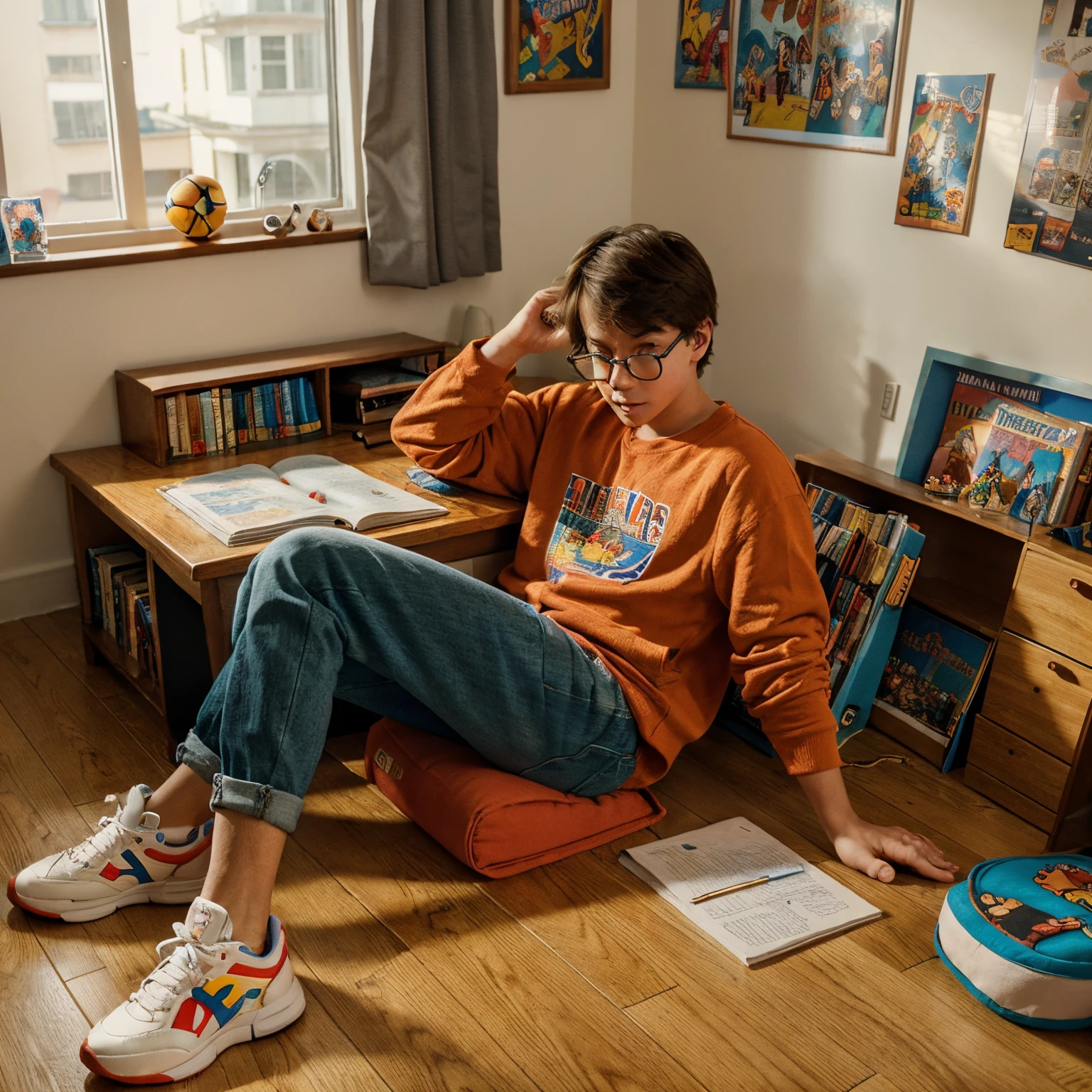 alex,smart boy,cartoon character,reading a letter,map of treasure,room,paper,table,lamp,bookshelf,window,curtains,wallpaper,wooden floor,toys,teddy bear,colored pencils,notebook,basketball,bed,posters,comic books,illustrations,homework,3D glasses,imaginary friend,sneakers,colorful clothes,thoughtful expression,bright and vibrant colors,soft lighting