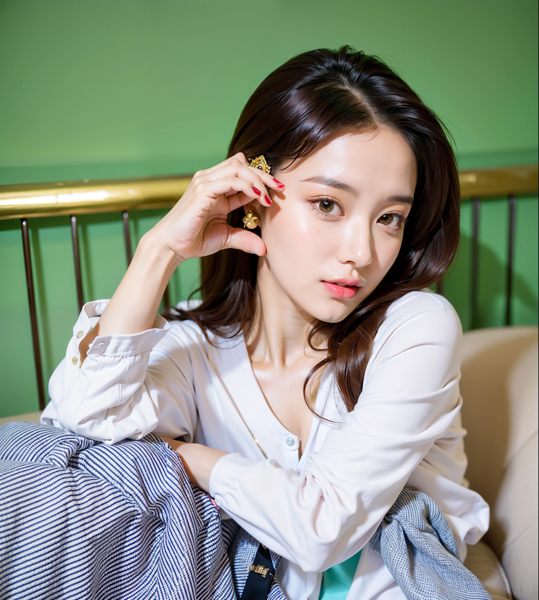 On the couch sat a woman，put it in your ear, Di Li Gerba, gorgeous chinese models, inspired by Cheng Jiasui, ruan jia beautiful!, xintong chen, fan bingbing, 8k photograph, cute women, Chinese woman, a cute young woman, Attractive posing, ChineseGirl, beautiful Korean women