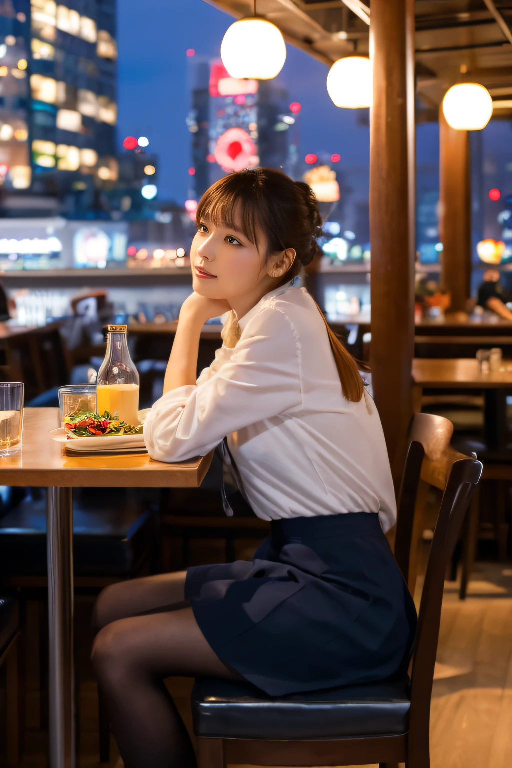 high-definition images, atmospheric perspective, 8k, super detail, accurate, best quality, angle from below, a woman, drooping eyes, sleepy face, blush, in the city, busy, skyscrapers, skirt, thick tights, high boots, shoulder bag, necklace, restaurant with large windows, takes a seat, (other customers), night scene, windows have harbor view, foods, hair up,