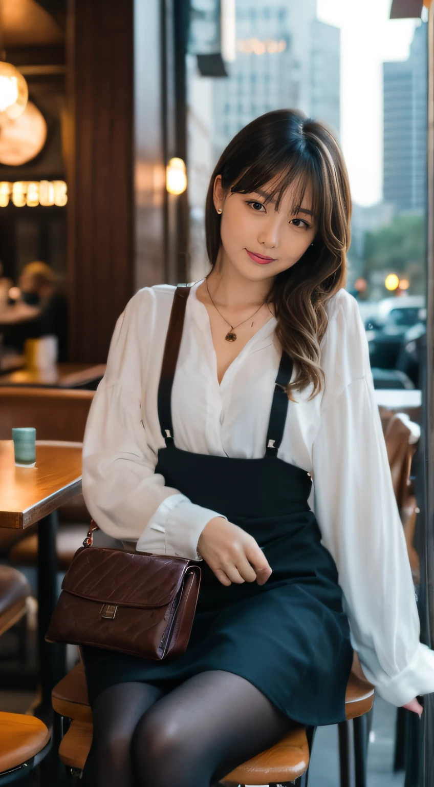 high-definition images, atmospheric perspective, 8k, super detail, accurate, best quality, angle from below, a woman, drooping eyes, sleepy face, blush, in the city, busy, skyscrapers, skirt, thick tights, high boots, shoulder bag, necklace, restaurant with large windows, takes a seat, (other customers), night scene, windows have harbor view, foods, hair up,