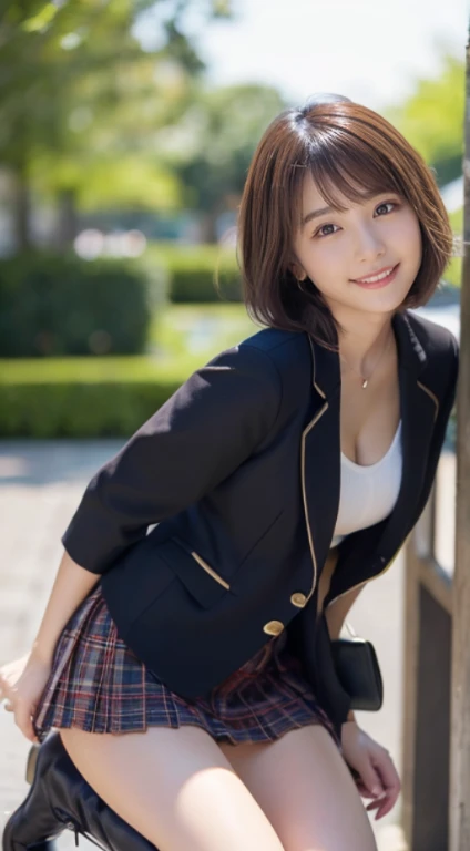 (Photorealistic), (ultra high realistic), (Ultra high definition), (ultra high detailed), (Increase contrast), (Increase saturation), ( extremely beautiful girl), (light skinned)A pretty woman with perfect figure, Cute face, Beautiful expression, (Lifelike face), Beautiful hairstyle, Sparkling eyes, beautiful detail, (real looking skin), Beautiful skins, enticing, The ultra -The high-definition, A hyper-realistic, Realistic, Very detailed, japanes, Short Bob, bangss, (Feather short coat and knee-high boots、idol, Tartan check)((very short mini skirt)) Gentle smile, Brown hair,、The cleavage looks bold、beutiful breast、thin-waist、((Sit with your knees bent ))、Looking back、Angle from diagonally forward