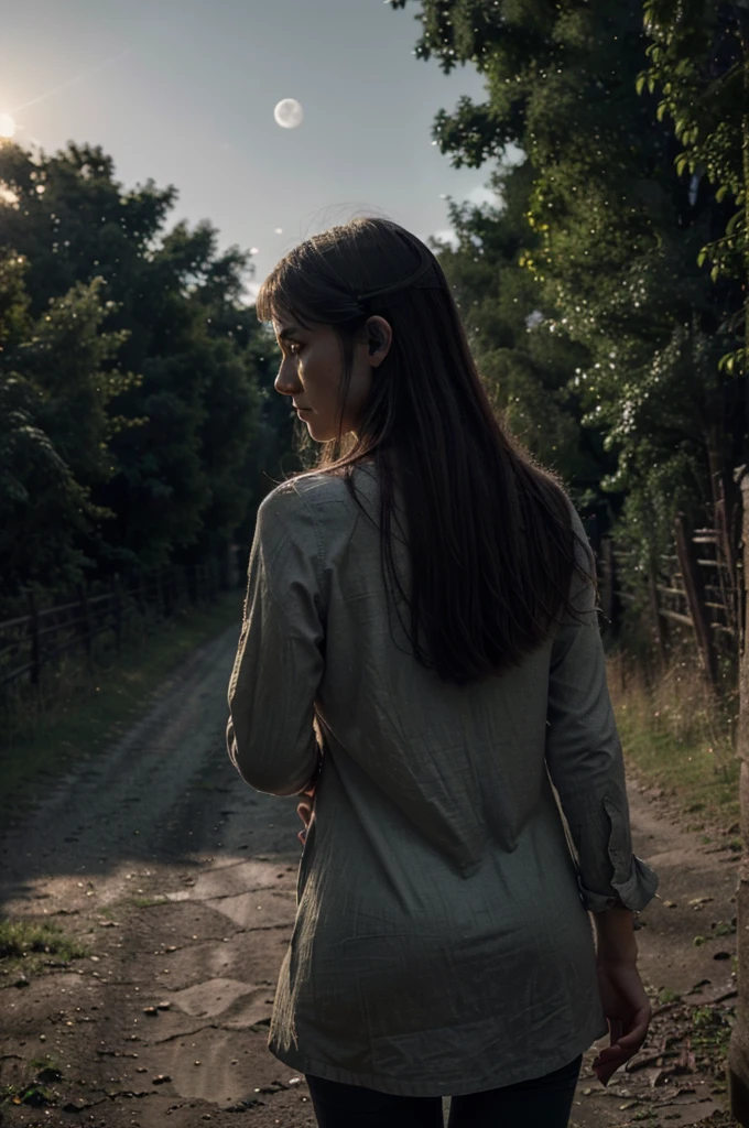 (best quality,4k,8k,highres,masterpiece:1.2),ultra-detailed,(realistic,photorealistic,photo-realistic:1.37),tall slim woman,scared,full view,country road,midnight,[torn] linen tunic,moonlit sky,ominous atmosphere,dark shadows,lush greenery,silence,piercing eyes,vulnerable expression,long wavy hair,whispering wind,leafy trees,solitude,unease,lone figure,implied danger,hidden danger,sense of mystery,emotional intensity,soft moonlight,dramatic perspective,dusty road,anxiety,rustling leaves,loneliness,dappled light,weightless movement