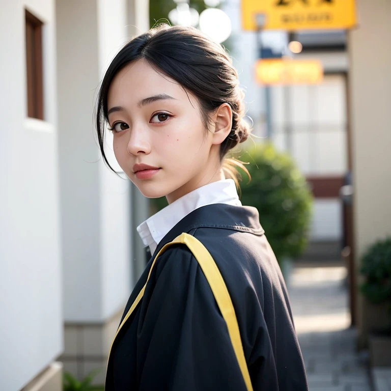 The evening sun shines on the face of a young Japanese woman.