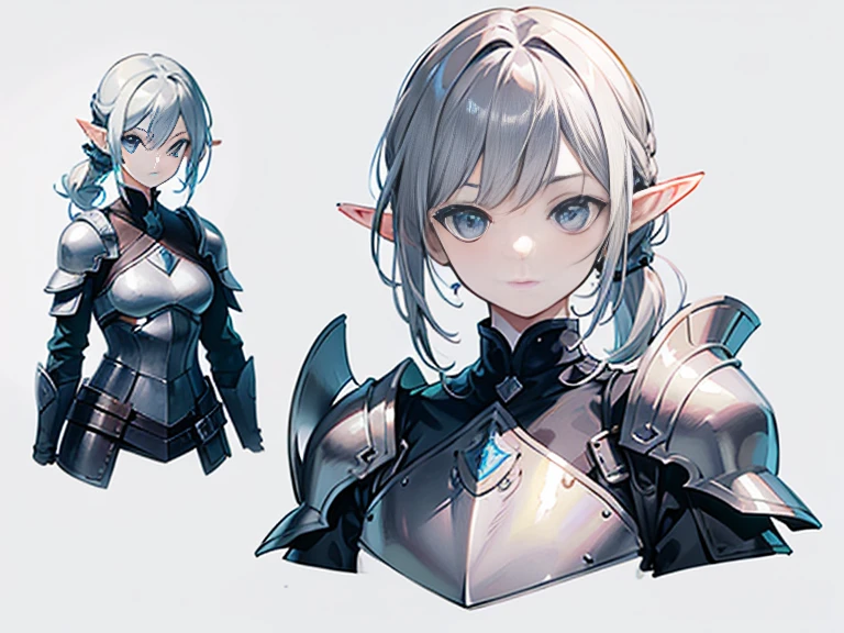 Video game character design, Drawing with Line Drawing, Multiple points of view, Best Quality,Masterpiece,hight resolution, elf, ((character concept art)), Video game character design,,illustartion,Realistic,Harmonious colours,natural lighting, grey skin, knight, dark armor hair1.3.A detailed eye, Transparent,fantasy style,extremely beautiful,High balance, natural light, leather armor, pony tail