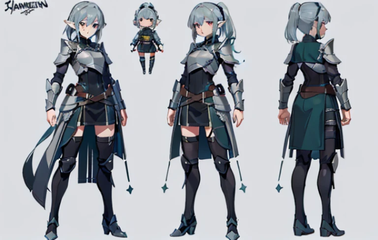 Video game character design, Drawing with Line Drawing, Multiple points of view, Best Quality,Masterpiece,hight resolution, elf, ((character concept art)), Video game character design,,illustartion,Realistic,Harmonious colours,natural lighting, grey skin, knight, dark armor hair1.3.A detailed eye, Transparent,fantasy style,extremely beautiful,High balance, natural light, leather armor, pony tail