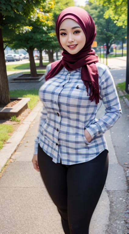 the best masterpiece, chubby hijab woman, beautiful Asian face, full breasts, wearing a checkered shirt, wearing sport leggings, walking in the city park, smiling sweetly, facial details, body details, ultra detailed, realistic quality