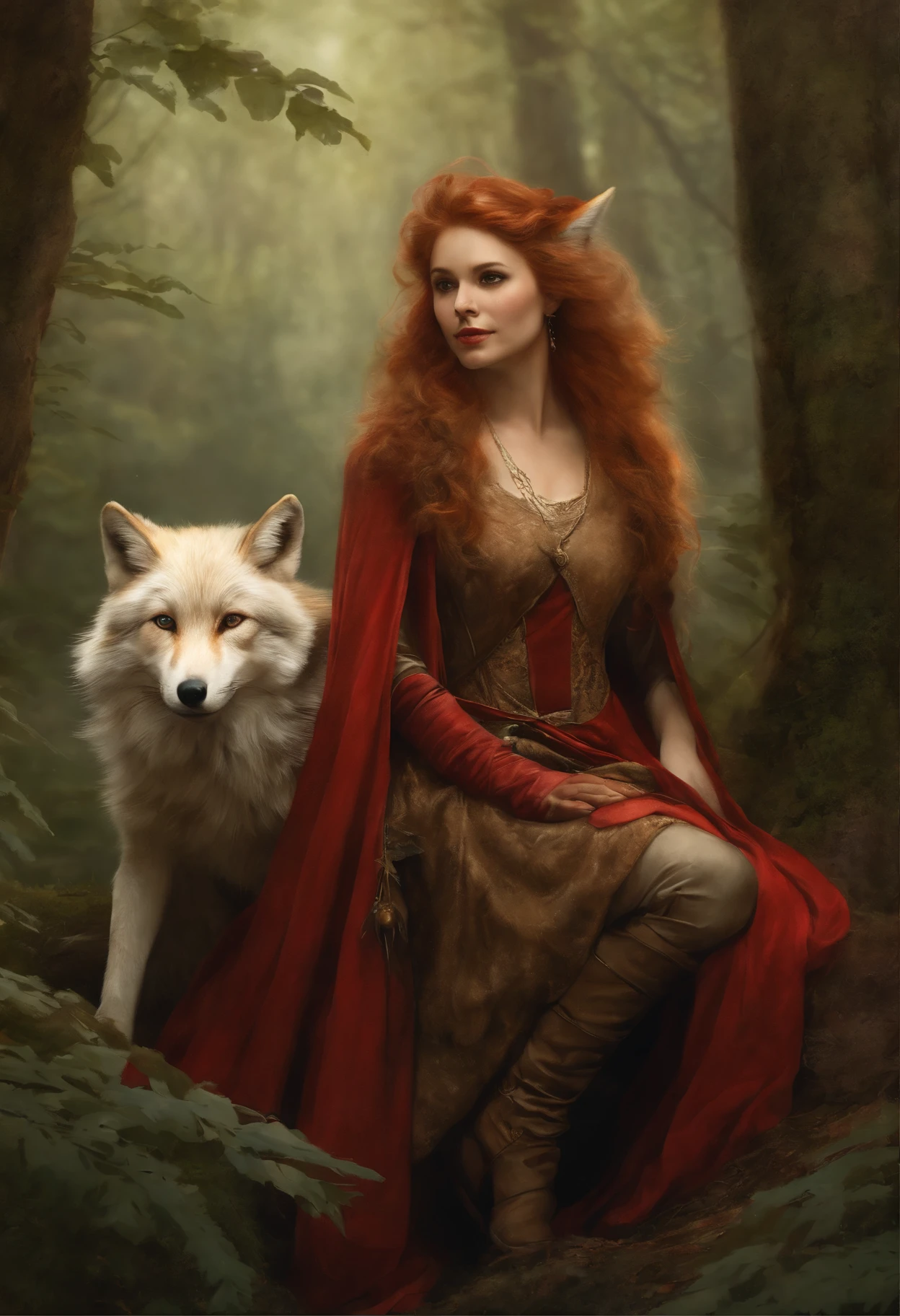 真实感, dark fantasy style, John Tolkien style, Small painting by Jean-Baptiste Monge, fluffy fox girl,    there is a woman in a red dress and two foxes, graphic artist magali villeneuve, a beautiful fox lady, magali villeneuve', inspired by Magali Villeneuve, Female anthropomorphic wolf,  anthropomorphic fox,  realistic fantasy artwork, by Cynthia Sheppard, fantasy portrait art, Fantasy genre portrait, realistic fantasy illustration, High quality fantasy art, fantasy character art  , woods, Forest Thicket, Forest Trail, Morning Forest, Jean-Baptiste Monge, anthropomorphic --ar 2:3 --testp -optimistic;