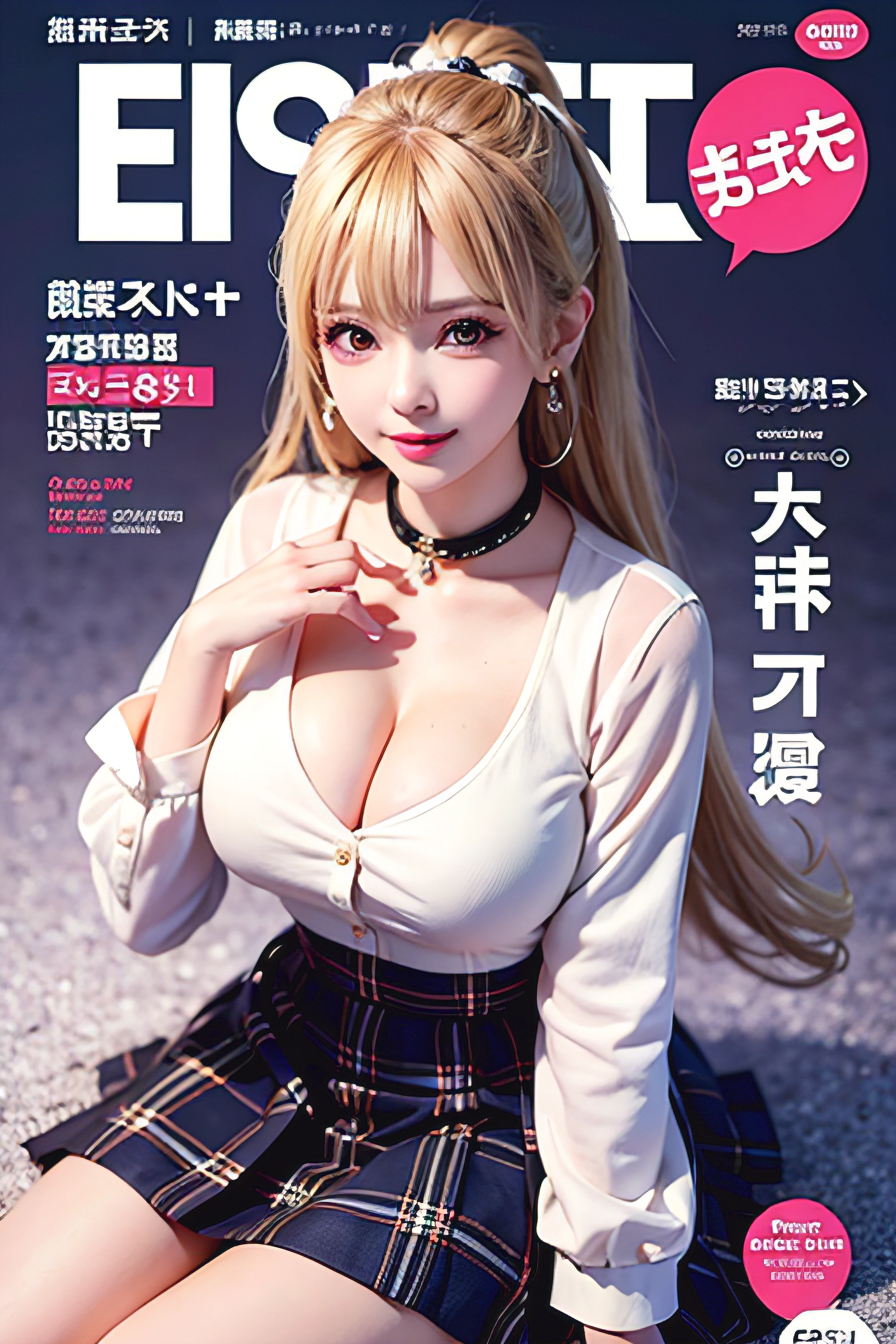 Masterpiece, Superb Style, Full Body, 1Girl, Bangs, Black Choker, Black Tie, Blonde Hair, Blue Skirt, Blush, Bracelet, Beautiful Breasts, Choker, Waist Dress, Collarbone, Collared Shirt, Denim Photos, Dress Shirt, Ear Piercings, Eyebrows Visible Through Hair, Gradient Hair, Grin, Gyaru, Jewelry, Kogal, Long Hair, Looking at the Audience, Loose Tie, Tie, Piercing, Plaid Skirt, Plaid Skirt, Pleated Skirt, Red Eyes, Ring, School Uniform, Shirt, Skirt, Smile, solo, white shirt, street, sky, cherry blossoms, petals, illustration, (magazine: 1.3), (cover style: 1.3), fashion, woman, vibrant, attire, pose, front, colorful, dynamic, background, element, confident, expressive, hold, statement, attachment, majestic, coiled, around, touch, scene, text, cover, bold, eye-catching, title, fashion, font, catchy, title, bigger, eye-catching, modern, stylish, focused, stylish, black stockings