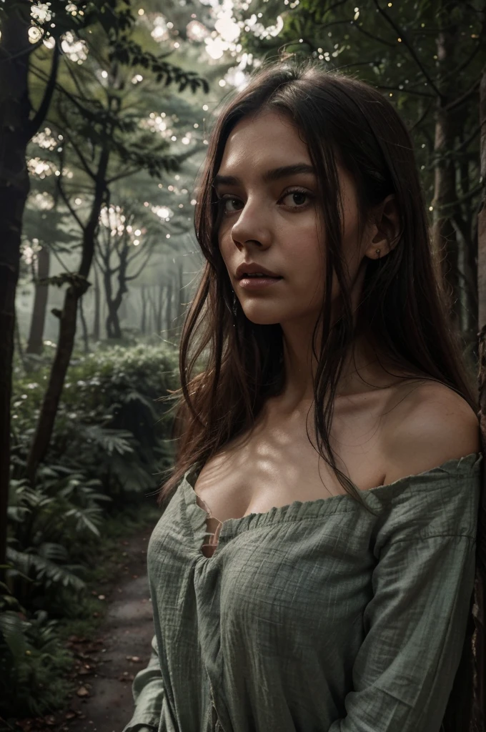 (a young) tall, slim woman(,around 18 years old), dressed in a torn linen tunic(greenish-gray tones, tattered edges with loose threads). She appears scared, with wide eyes(`beautiful detailed eyes`) filled with fear, trembling(, quivering lips) lips(`beautiful detailed lips`). It's a dark setting, a country road surrounded by tall(, ancient) trees(`secretive forest`). The scene is set at midnight(`under a starry sky`), where only a faint moonlight(`gentle moonlight`) illuminates the road(`overlapping shadows`), creating a sense of mystery and suspense. The composition emphasizes a full view(`wide-angle perspective`), showcasing the woman as the focal point(`centered composition`). The atmosphere has a chilling feel(`cool color palette, misty ambience`), invoking a sense of foreboding.