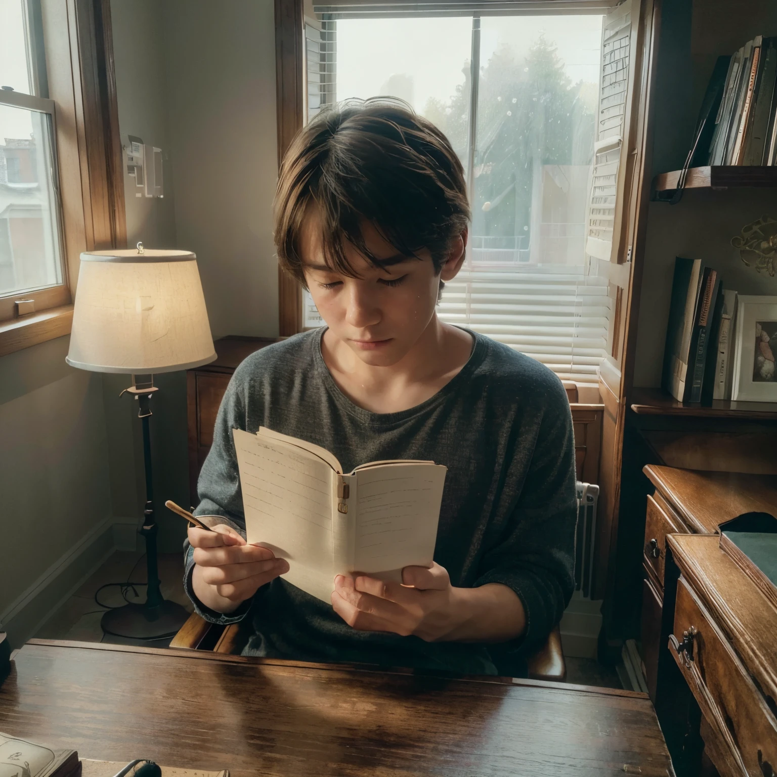 (best quality,4k,8k,highres,masterpiece:1.2),ultra-detailed,(realistic,photorealistic,photo-realistic:1.37),anime,boy,reading letter,room,curtains,bookshelf,quill and ink,wooden desk,lamp,chair,window,wallpaper,striped rug,thoughtful expression,daylight filtering through the window,nostalgic color palette,soft lighting