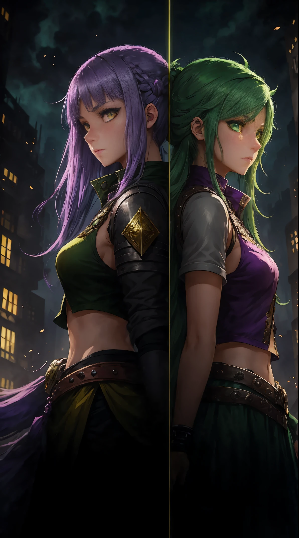 An RPG-style girl with green hair and yellow eyes, and another girl with purple hair in green eyes. They have their backs to each other, in the background there is a city on fire