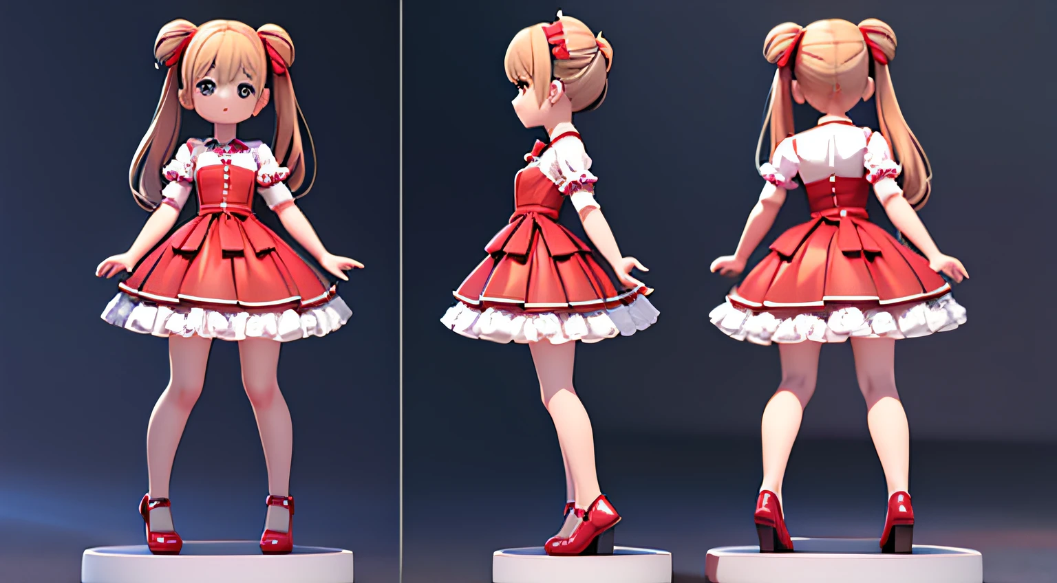 A cute in a red dress,like a very cute person,Detailed rendering using 3D rendering technology,stylized expression of digital art。(Same characters on the front,Lateral face,standing back),Render a cute 3D anime girl,stylized presentation。The front of a character,Lateral face,back,Multiple views of the same role,Same characters on the front,Lateral face,standing back,Three View,One picture, three perspective bodyesbian,Visual whole body front vieirl's side,Girl rear view,Adorable ceramic dolls and ultra-detailed fantasy characters appear simultaneously,Presented as a stylized 3D rendering。Cute images of forest creatures and digital art will also appear。