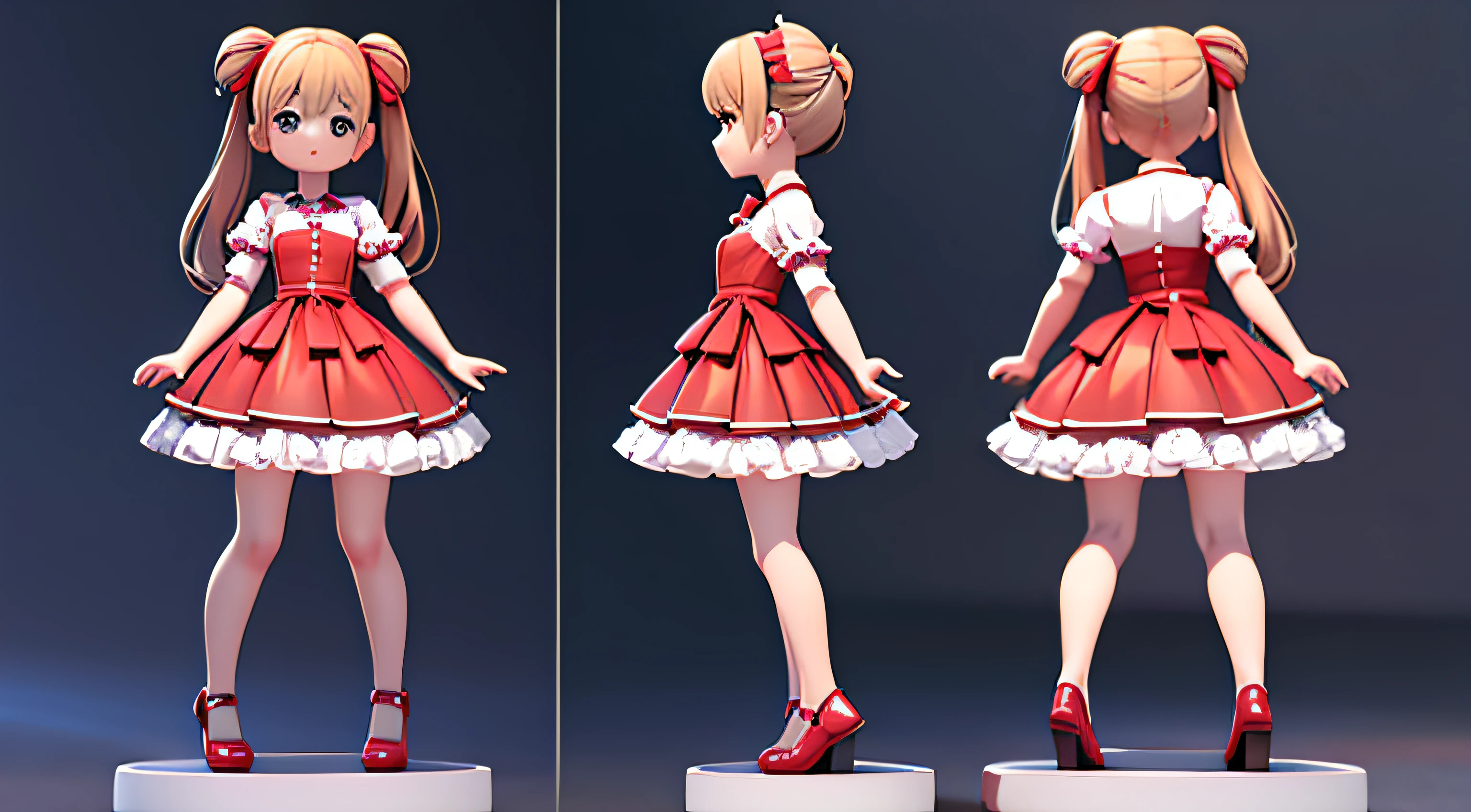 A cute girl in a red dress,like a very cute person,Detailed rendering using 3D rendering technology,stylized expression of digital art。(Same characters on the front,Lateral face,Take a step back),Render a cute 3D anime girl,stylized presentation。The front of a character,Lateral face,standing back,Multiple views of the same role,Same characters on the front,Lateral face,Take a step back,Three View,One picture, Three perspective bodyesbian,Visual whole body front Vier side,Girl rear view,Adorable ceramic dolls and ultra-detailed fantasy characters appear simultaneously,Presented as a stylized 3D rendering。Cute images of forest creatures and digital art will also appear。