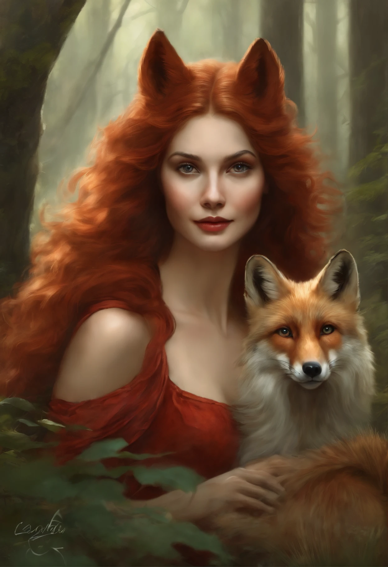 真实感, dark fantasy style, John Tolkien style, Small painting by Jean-Baptiste Monge, fluffy fox girl, there is a woman in a red dress and two foxes, graphic artist magali villeneuve, a beautiful fox lady, magali villeneuve', inspired by Magali Villeneuve, Female anthropomorphic wolf, anthropomorphic fox, realistic fantasy artwork, by Cynthia Sheppard, fantasy portrait art, Fantasy genre portrait, realistic fantasy illustration, High quality fantasy art, fantasy character art , woods, Forest Thicket, Forest Trail, Morning Forest, Jean-Baptiste Monge, anthropomorphic --ar 2:3 --testp -optimistic;