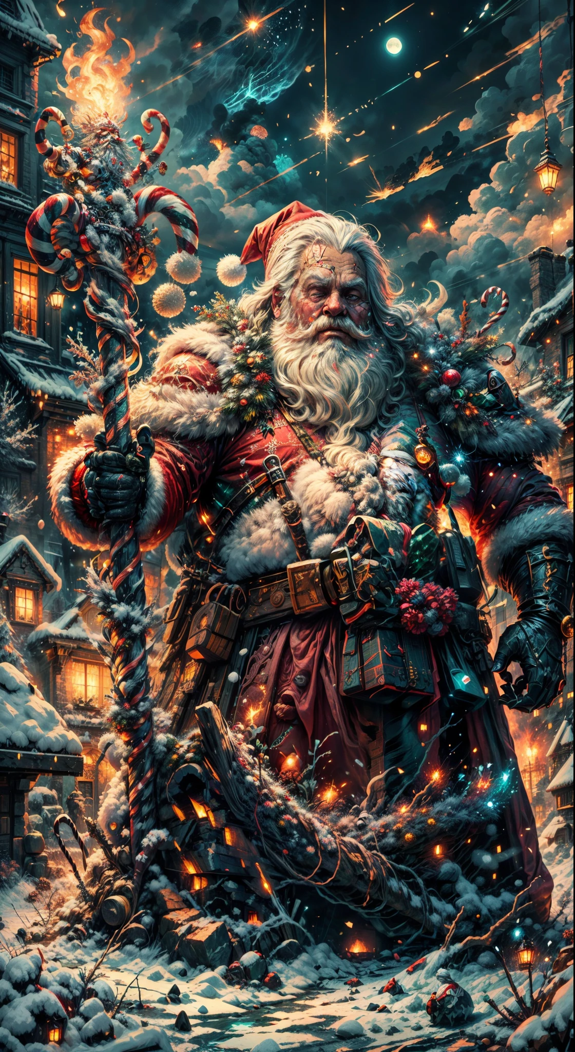 Full body,(a detailed artwork), Santa Claus as boss of game Dark Souls in the Christmas DLC, detailed eyes of Santa Claus, detailed lips of Santa Claus, extremely detailed face and beard, long white beard, muscular body of Santa Claus, wearing gold armor, holding a giant candy cane as a weapon, surrounded by a dark and gloomy environment with glowing Christmas lights, intense boss fight with fiery effects and explosions, high-resolution image (4k, 8k), HDR lighting, realistic portrayal, vibrant colors, atmospheric and ominous feel, intense action-packed scene.