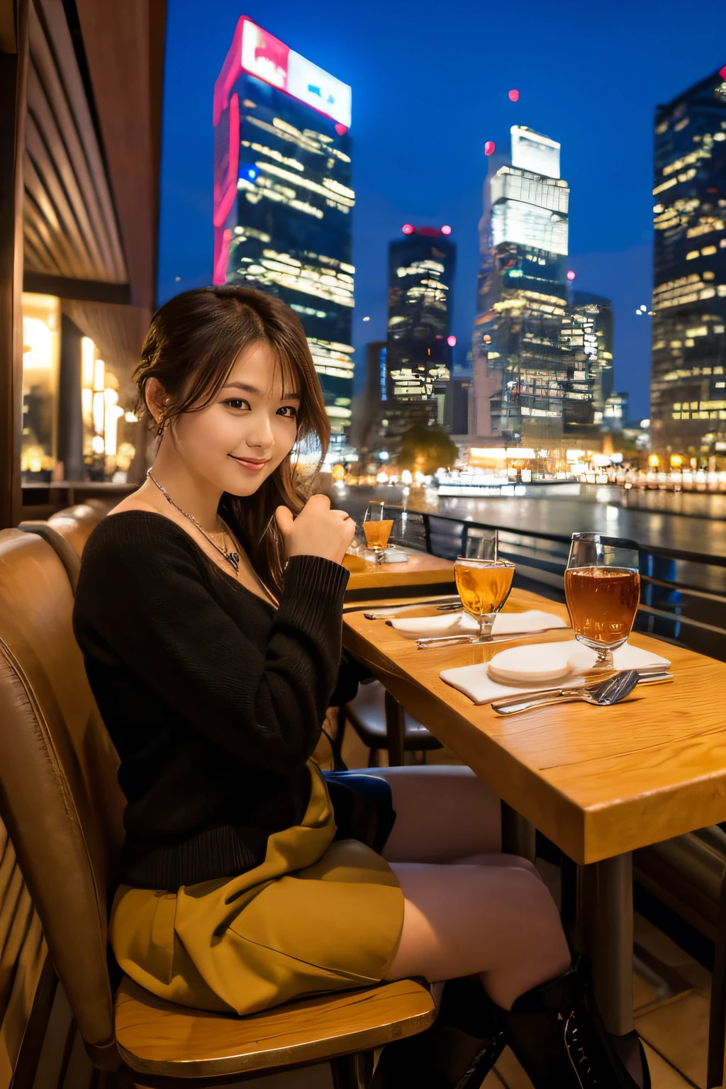 high-definition images, atmospheric perspective, 8k, super detail, accurate, best quality, angle from under the table, a woman, drooping eyes, sleepy face, blush, in the city, busy, skyscrapers, skirt, high boots, shoulder bag, necklace, restaurant with large windows, takes a seat, (other customers), night scene, windows have harbor view, foods, hair up,