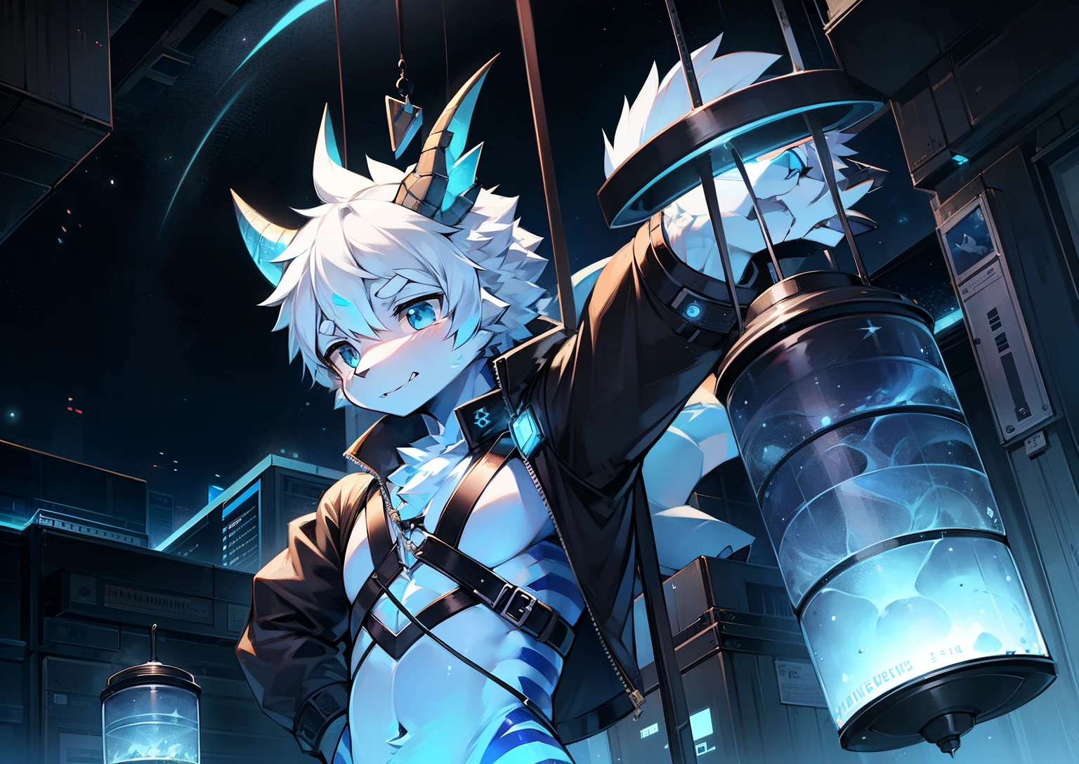 The expression is grim,Dragonature male,banya,Dragon's horn,Blue-white hair,starry sky colored pupilagic and technology ,dangling,galaxias,sitted