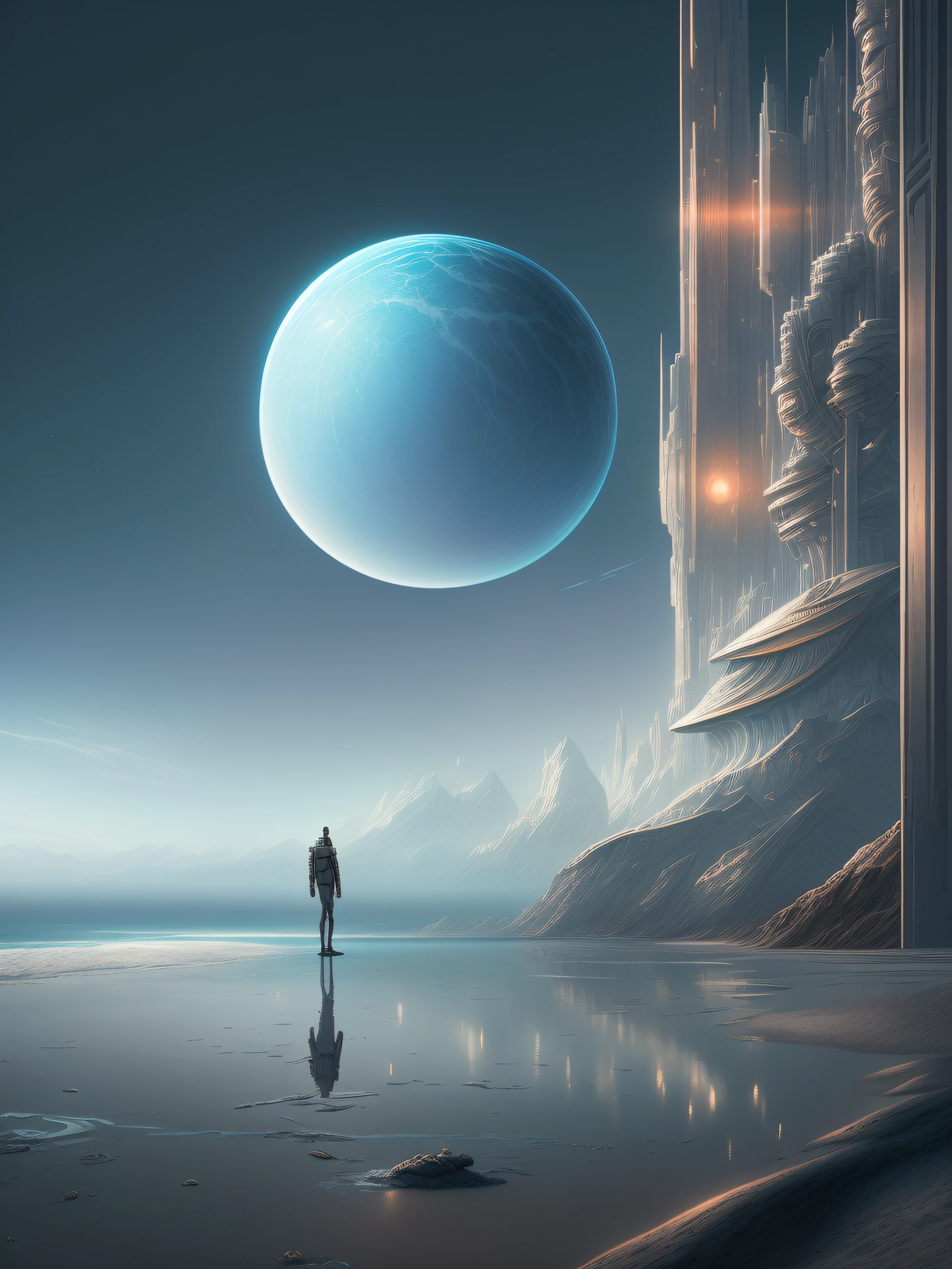 There was a man standing on the beach looking at the planets, matte painting of human mind, Surreal matte painting, depicted as a scifi scene, science fiction digital art, surreal concept art, Sci-fi digital art illustration, sci fi epic digital art, epic fantasy sci fi illustration, Sci-fi fantasy wallpaper, Surreal 8K, Luxurious matte spray paint