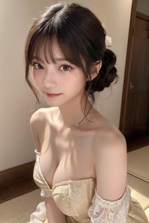 ((Top image quality、8K、​masterpiece：1.3))、Realistic high-quality photos、top-quality、girl cute-fine face、13 years old beautiful Japan girl、a baby face，Photo of slim little girl model、Beautiful girl model、young japanese girl、12 year old female model、Beautiful Model Girl、cute and innocent smile、lovely delicate face、Ponytailed black hair、beautiful off shoulder clavicle、Hands on the chest，I keep my hair up and short、Small breasts、Beautiful brown eyes、drooing eyes、no-makeup，Colorful,Highest detail，Natural Color Lip，White lace dress，Use a lot of flowers、Angle from above the knee、My chest is small, size A、A slender、Paws are thin and beautiful,the skin is white and transparent,Gold Anklet、In a dark room，Night-light