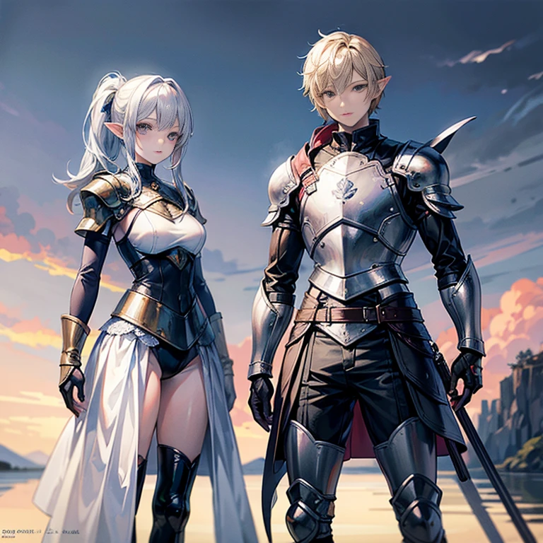Video game character design, Drawing with Line Drawing, Multiple points of view, Best Quality,Masterpiece,hight resolution, elf, ((character concept art)), Video game character design,,illustartion,Realistic,Harmonious colours,natural lighting, grey skin, knight, dark armor hair1.3.A detailed eye, Transparent,fantasy style,extremely beautiful,High balance, natural light, leather armor, pony tail