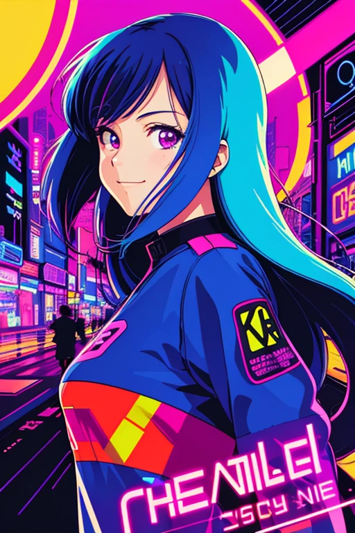 masterpiece, best quality, 1girl, city pop, night, neon lights, looking at viewer, body at an angle, upper body, slight smile, excited face, vector illustration, 80s clothing, long hair, 80s, old, art, neo tokyo, synthwave, abstract background, 80s anime, retro poster