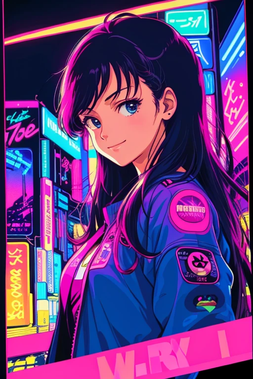 masterpiece, best quality, 1girl, city pop, night, neon lights, looking at viewer, body at an angle, upper body, slight smile, excited face, vector illustration, 80s clothing, long hair, 80s, old, art, neo tokyo, synthwave, abstract background, 80s anime, retro poster