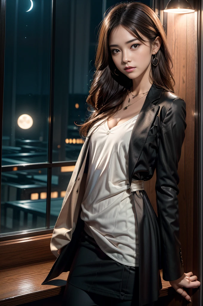 (Photoreal Stick:1.5, masutepiece:1.5, 8K), (top-quality, masterpiece, 超A high resolution), Perfect dynamic composition, Professional camera work:1.4, Highly detailed skin and facial texture:1.3, Mystical portrait:1.3, Grow Light Effect, The ultra-detailliert, 1girl in, ((Night view from inside the building, Please turn off the lights in the room, Dark atmosphere, The moonlight at night shines through the glass)), ((V-neck shirt:0.8)), (black tailored suit suit jacket), Model body type, Clear face, Detailed hand, Beautiful and detailed eyes, (Enraptured look:0.8, i love you completely:0.8), A mouthfeel that feels beautiful eros, Dark brown medium hair, the chest is medium, a necklace